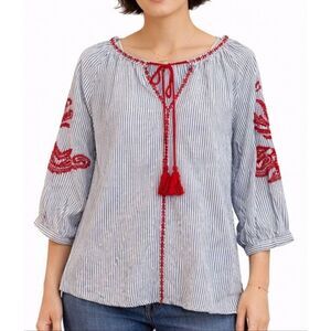 Solitaire blue striped red embroidered beaded tassel tie blouse small